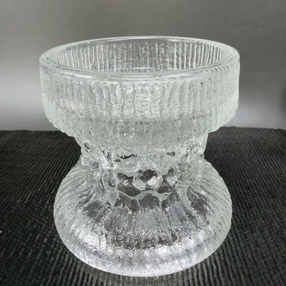 LE Smith Fjord‎ Glacial Glass Candle Holder Clear Double Sided Glass Votive VTG